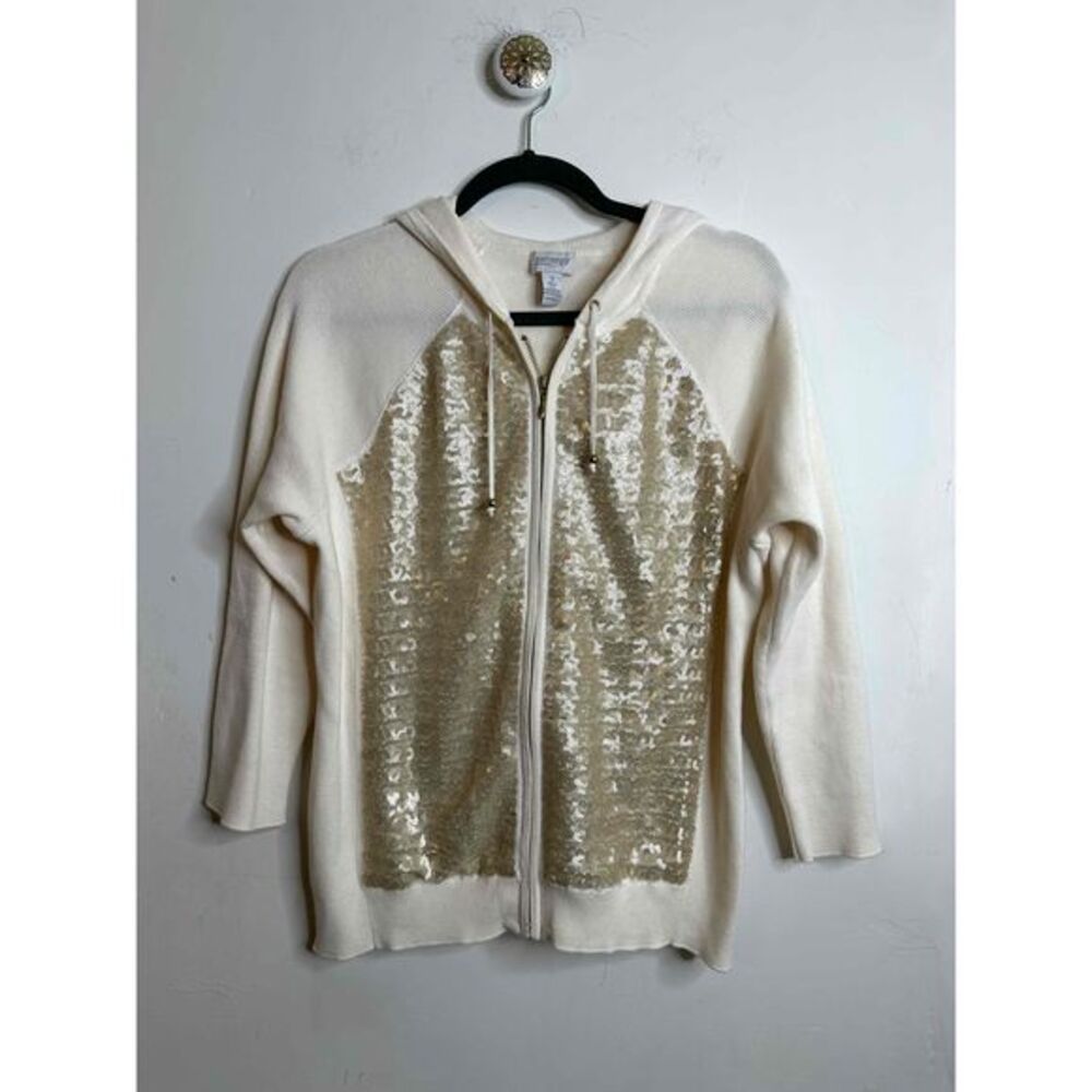 Chicos Size 2'/Medium Cream Full Zip Sequined Drawstring Hood Cardigan Womens